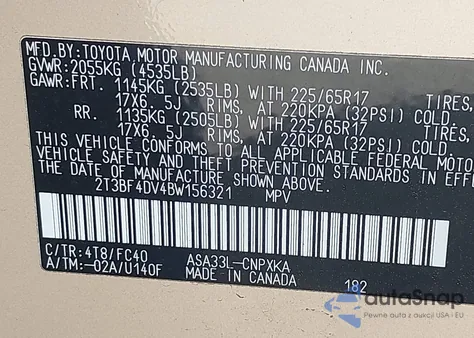 2011 Toyota Rav4 from USA, damaged, VIN 2T3BF4DV4BW156321